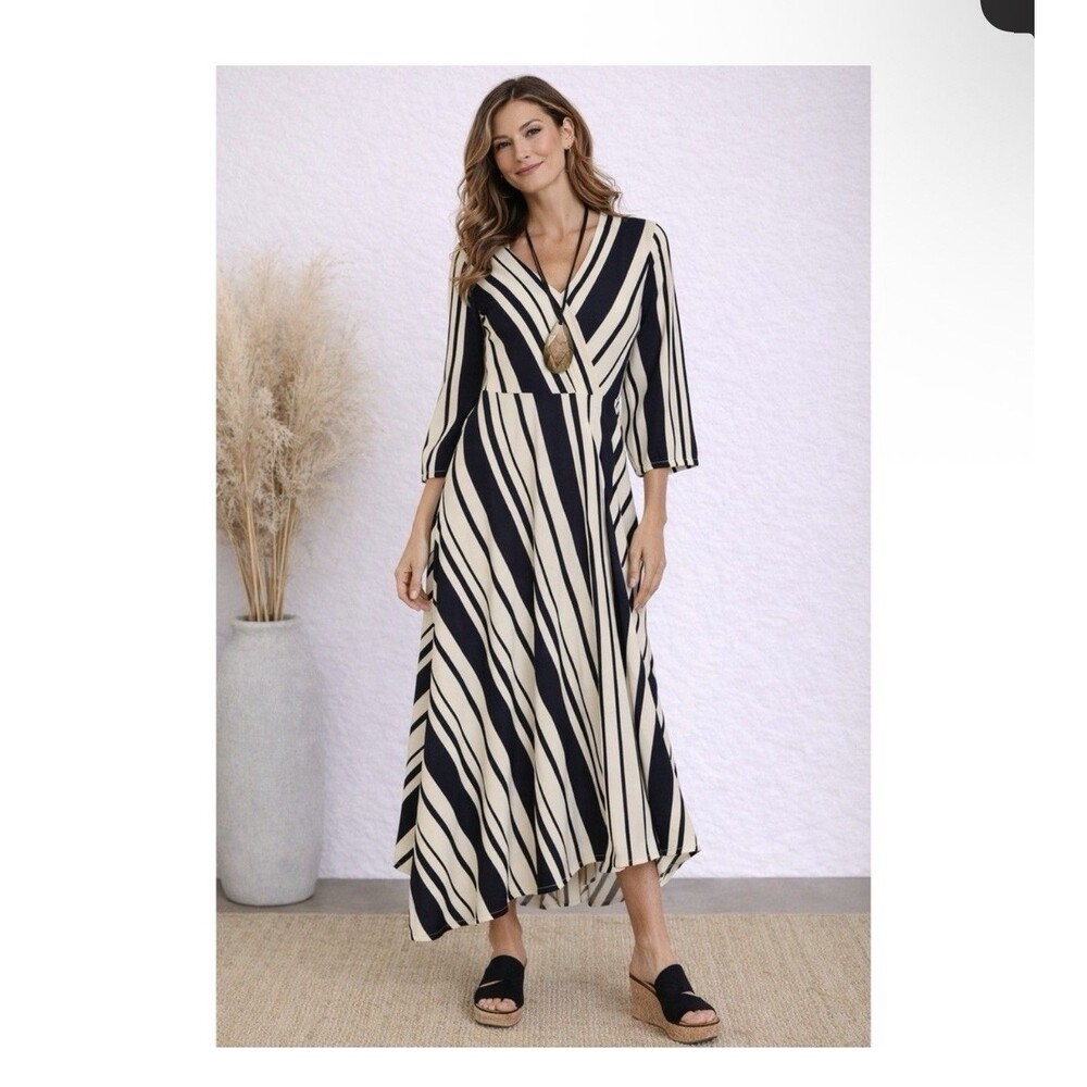 Soft Surroundings Striped Faux Wrap Handkerchief Hem Midi Jersey Dress Petite M